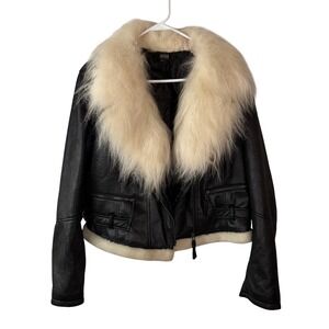 ANA A New Approach Black Faux Leather Moto Jacket Faux Fur Collar Womens XL